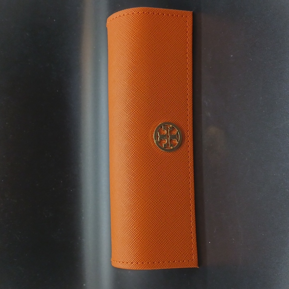 Tory Burch Orange Small/Readers Glasses Case   Gold Tone Snap Closure